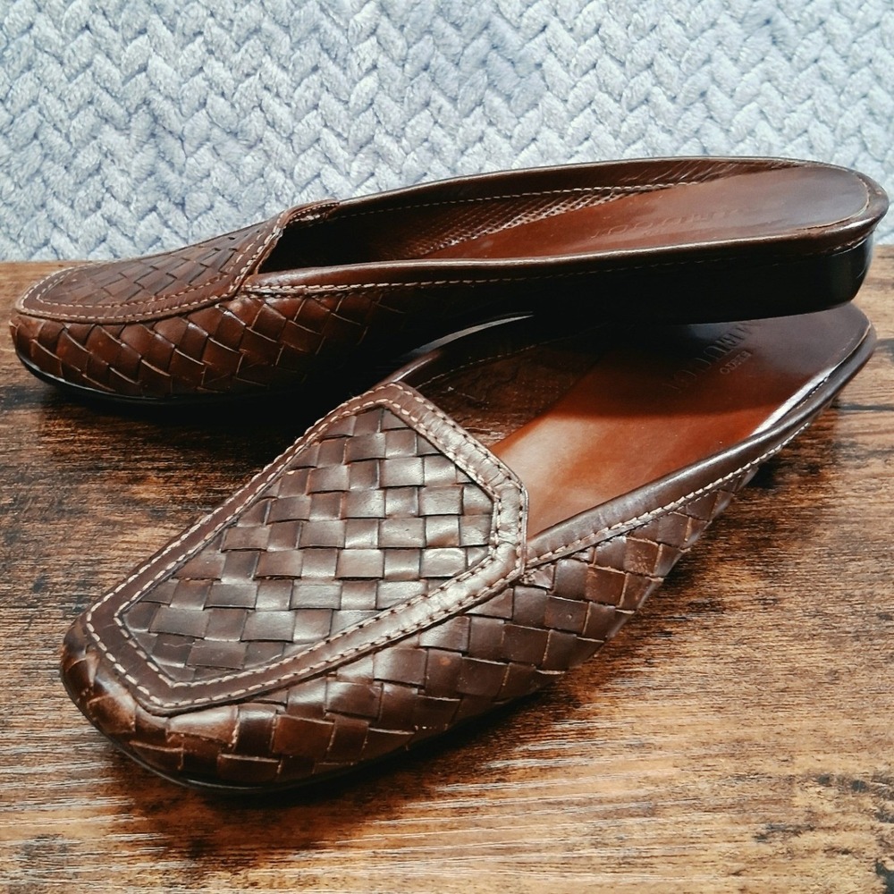 Sesto Meucci Brown Woven Leather Mules Square Toe Slip On Flats Shoes